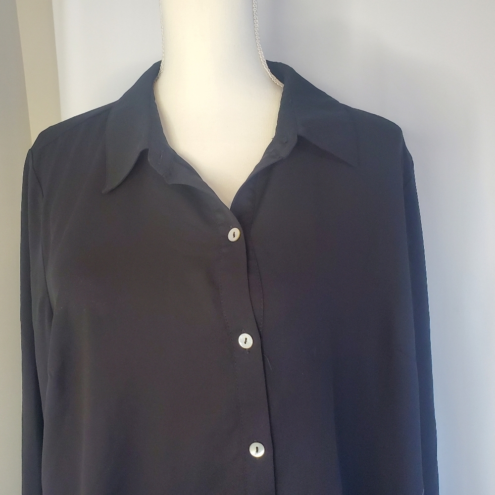 LOGO Women's Size L black lagonlook button front asymmetrical blouse - Picture 3 of 10